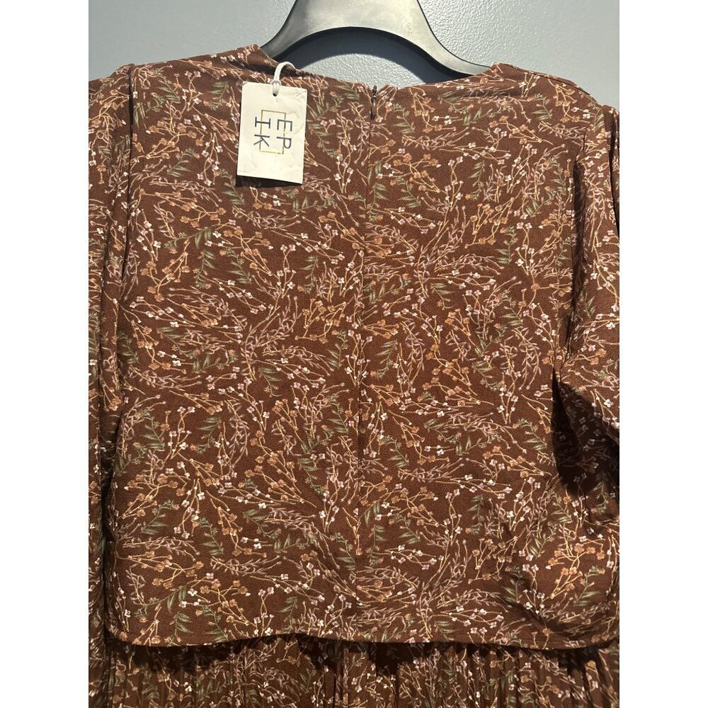 Women's Size L Brown Floral Pleated Ruffle Midi Dress NWT Cottagecore VTG Boho - Picture 6 of 8